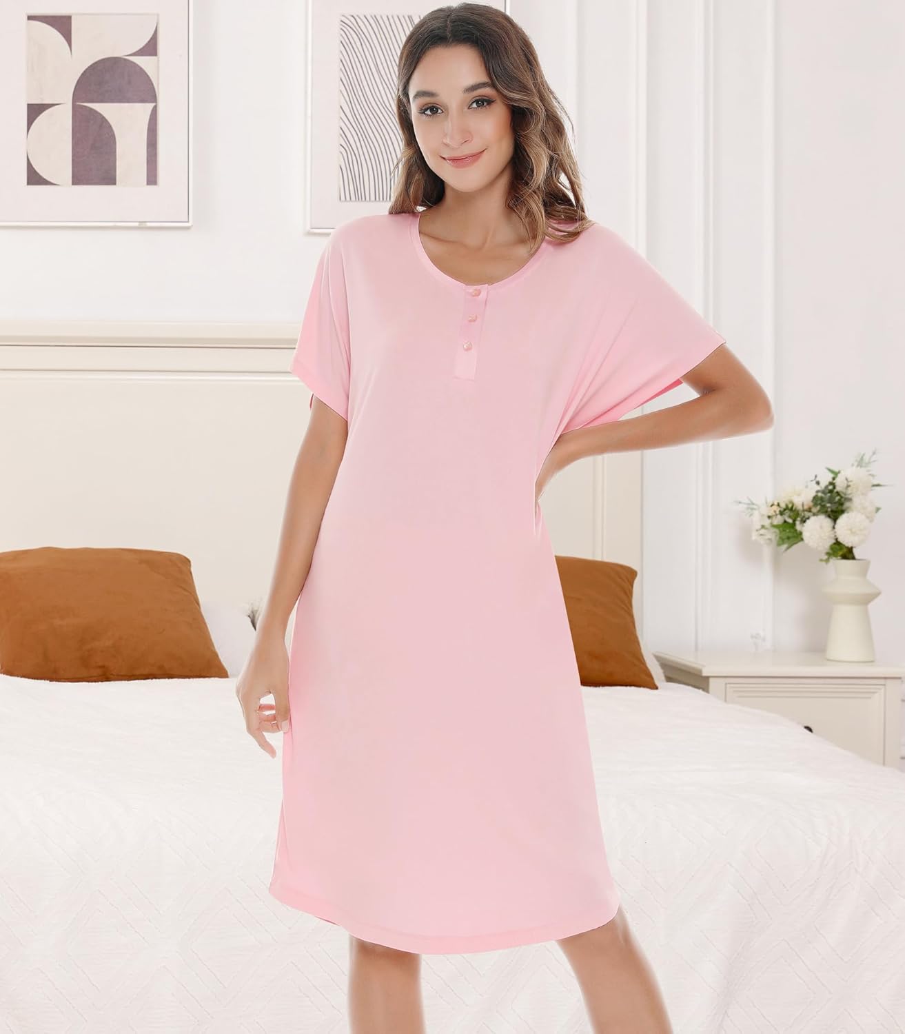 NACHILA Nightgowns for Women-Viscose Made from Bamboo, Short Sleeve Night Gown Cool Night Shirts Pleated Sleepwear