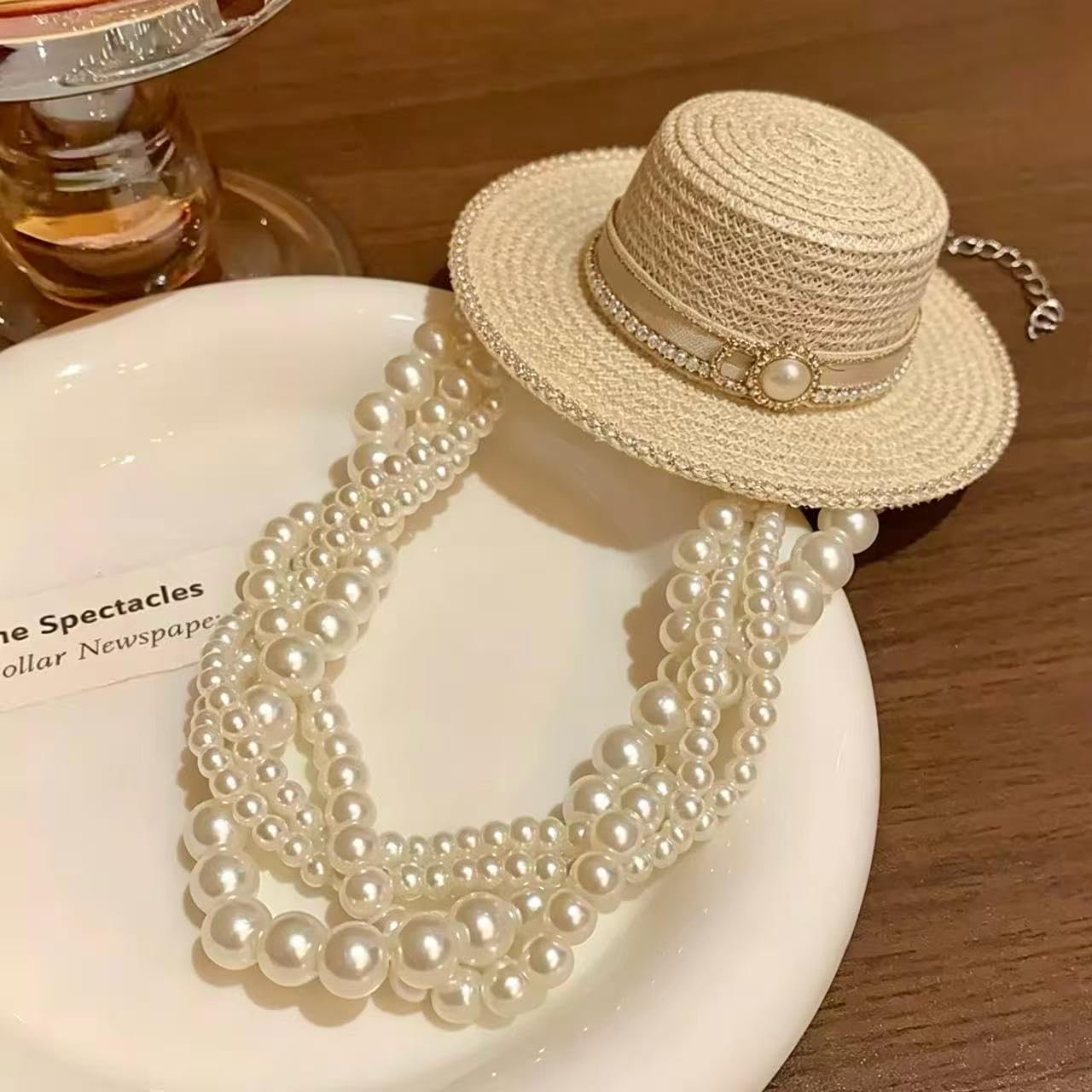 SukAmi 4/8mm Multi-layered Braided Pearl Choker Necklace for Women, Handmade Faux Pearl Necklace 41+7cm Elegant Chunky Pearl Beaded Necklace for Wedding Party Mother's Day Jewelry Gift