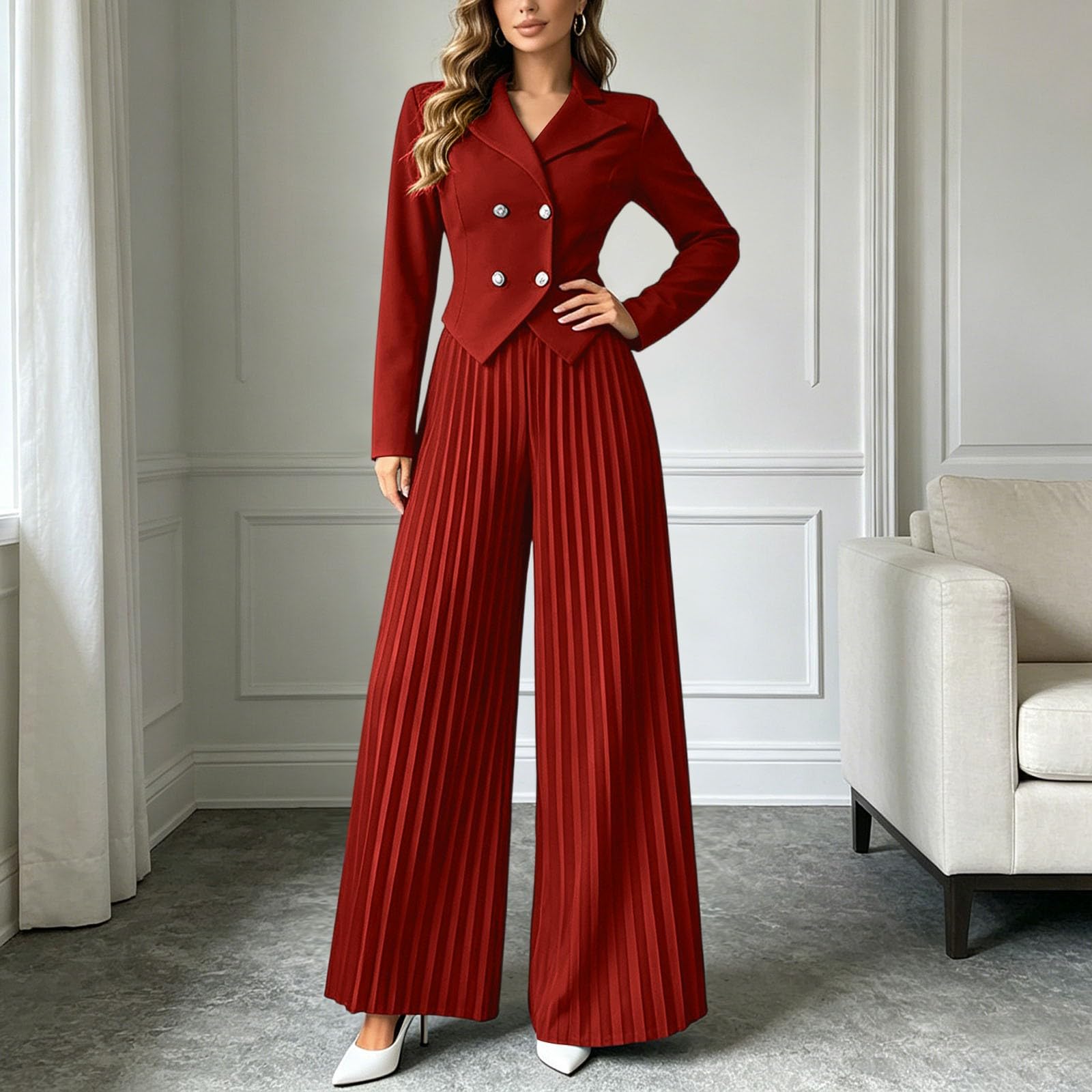 Traje de pantalón para mujer, elegante, de 2 piezas, chaqueta de traje, manga larga, monocolor, juego de traje ajustado, traje festivo, traje de ocio sencillo, con solapa, abrigo deportivo y