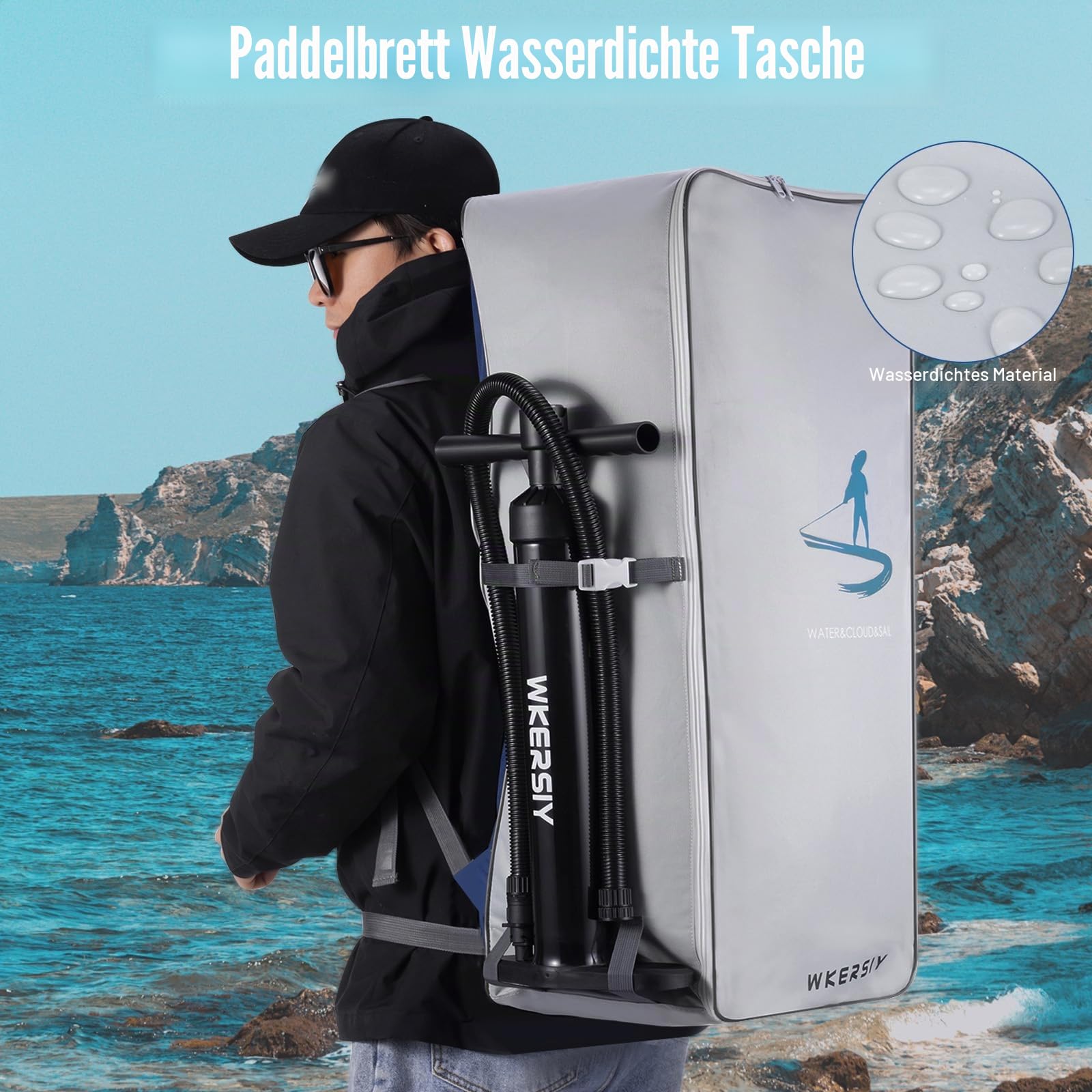 Kavolet 105L Paddle-Board-Rucksack, Surfboard-Tasche, großes Fassungsvermögen, wasserdichter Oxford-Stoff, tragbarer Stand-Up-Board-Paddleboard-Reiserucksack