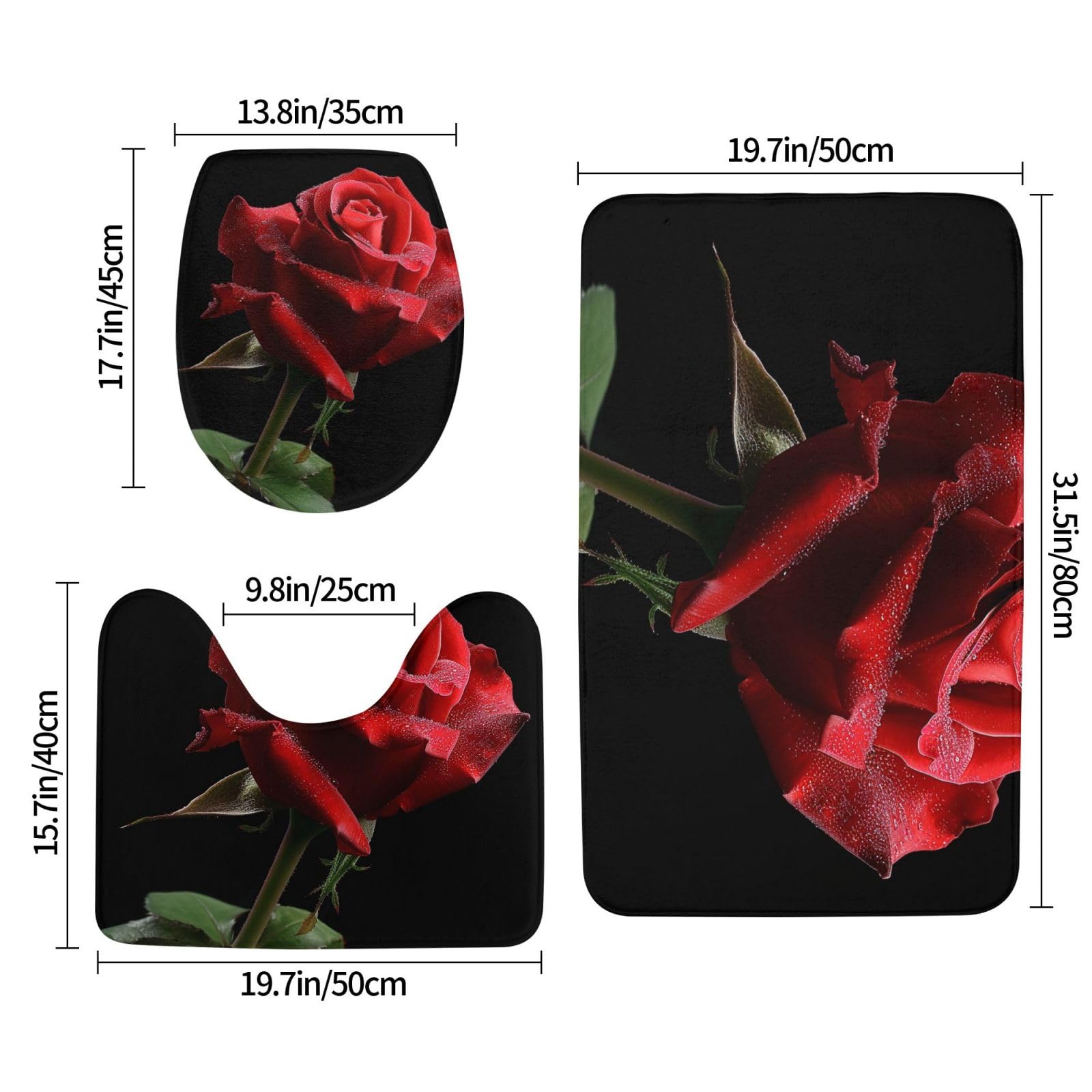 Lot de 3 tapis de bain antidérapants et absorbants en flanelle avec motif imprimé rose rouge et fond noir
