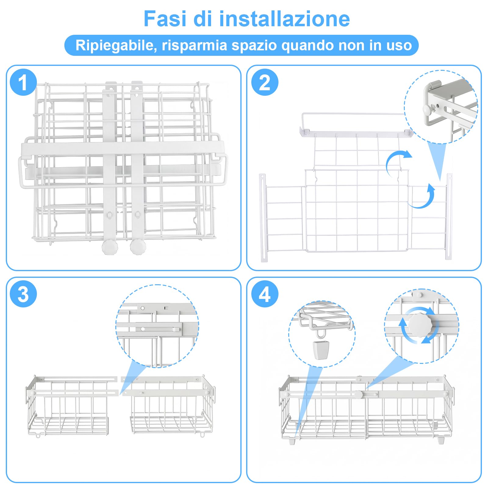 4 Pezzi Cestini Per Congelatore Lmpilabili in Metallo,Lunghezza Regolabile 29-45.5CM,Cestini Pieghevoli con Maniglie,per 140-570L Congelatore Verticale Congelatore da Incasso,Bianco