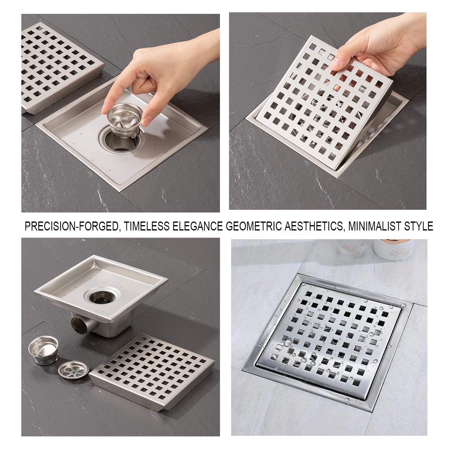 Canalina Per Doccia Quadrata 15 x 15 Cm,Piletta Doccia a Pavimento Inossidabile,Sifone a 360° Con Antiodore e Setaccio Per Capelli 2 In 1 Scarico Pavimento Doccia,Per Bagni,Cantine,Interni Ed Esterni