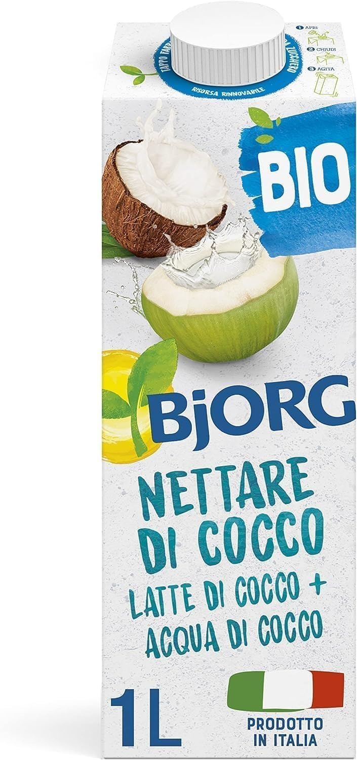 BJORG Bevanda Nettare di Cocco Biologica, Acqua di Cocco e Latte di Cocco, Bevanda Vegetale Senza Zuccheri Aggiunti, Senza Glutine, Vegan, Prodotto in Italia, 1L (Confezione da 9)