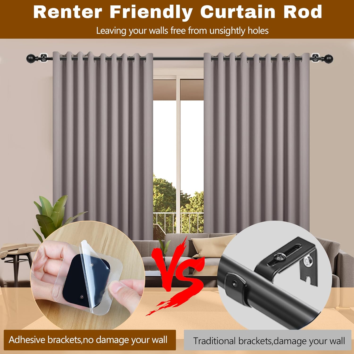 Adhesive Curtain Rod No Drilling for Windows 27 to 84",Renter Friendly No Drill Adjustable Rod, 5/8 Inch Diameter Easy Install Non Screw Screwless Apartment Rods with Stick on Bracket Holder 2-Pack