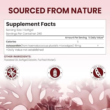 15mg Astaxanthin | 240 Softgels | Astaxanthin Supplements | 8 Month Supply | Antioxidant Support, Eye & Skin Health | Internal Circulation | Non-GMO, Gluten-Free, No Soy