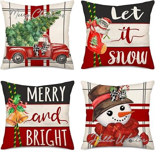 Juego de 4 fundas de almohada decorativas de Navidad de 18 x 18 pulgadas, diseño de árbol de Navidad, camión rojo, muñeco de nieve, muñeco de nieve,