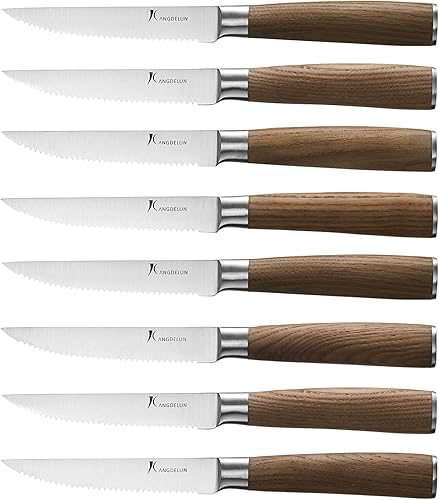 kangdelun Natura Series - Juego de 8 cuchillos dentados para carne de 4.5 pulgadas, acero inoxidable de alto carbono, mango de madera
