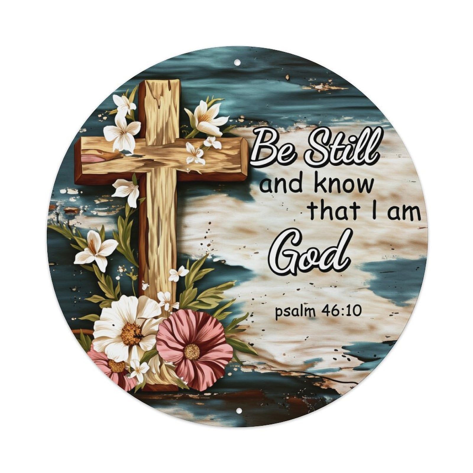 Cross Flowers Water Scripture Text Round Tin Sign Vintage Metal Poster, Home Bar Garage Man Cave Cafe Indoor & Outdoor Wall Decoration 8x8Inches