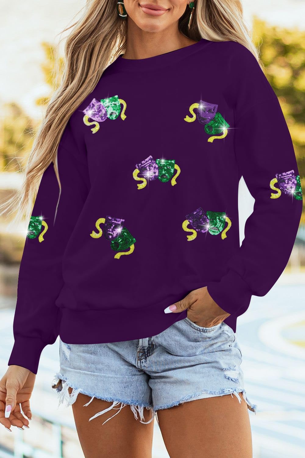 KIDDAD Mardi Gras Sweatshirt for Women Carnival Sequin Crewneck Sweater Mask Graphic Pullover Tops Funny Holiday Shirts - Image 5