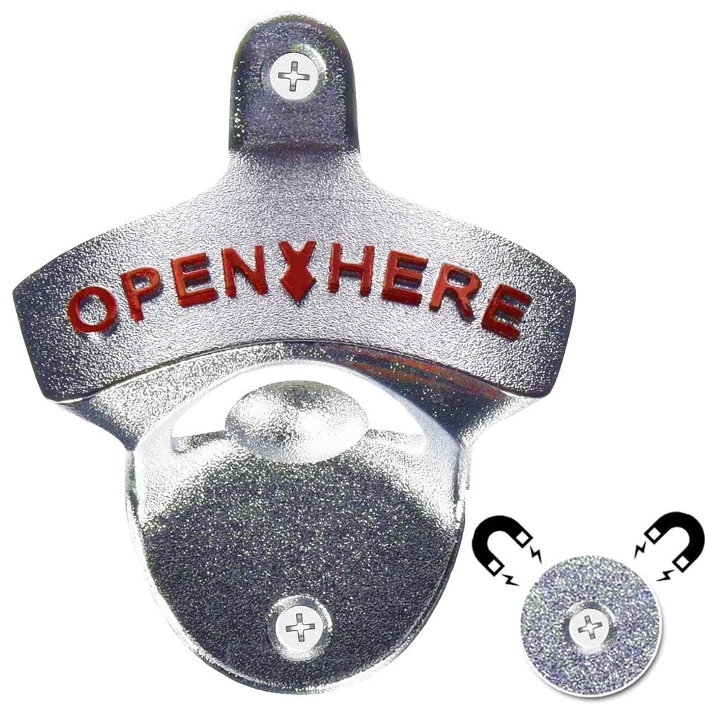 FLOW Barware Wall Mounted Bottle Openers with Magnet Bottle Cap Catcher 'Open HERE' Design Wall Bottle Opener | Outdoor Bottle Opener for Gardens, Pubs & Home Bars