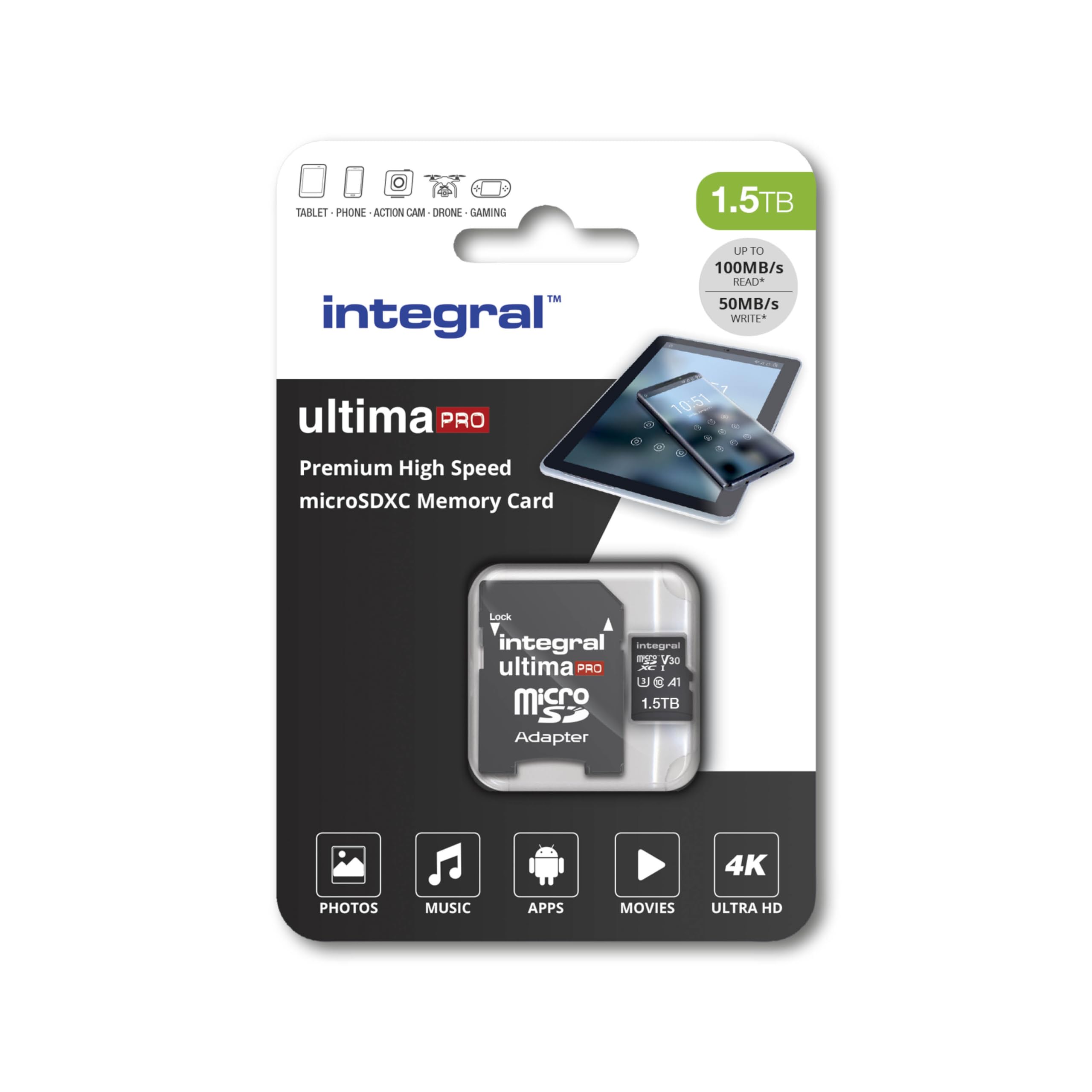 Integral 1.5TB Micro SD Card 4K Video Premium High Speed Memory Card SDXC Up to 100MB s Read Speed and 50MB s Write speed V30 C10 U3 UHS-I A1