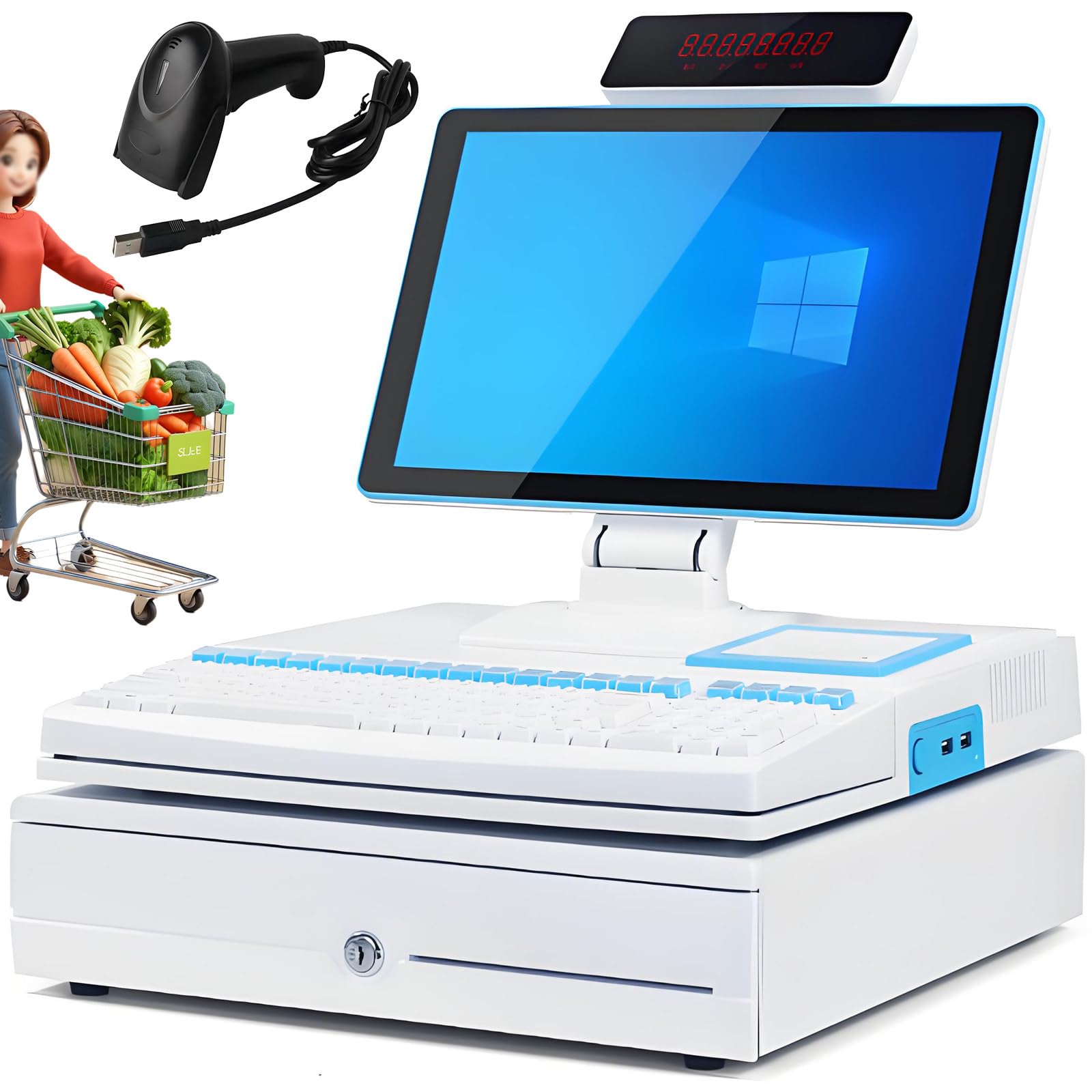 Registratore di Cassa Telematico, Sistem POS con Schermo Tattile 15.6", 8GB + 128GB, Scanner di Codici a Barre, 58mm Printer, Cassa Professionale per Ristoranti e Negozi White