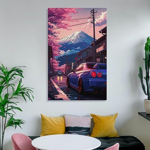 Miniatura 6 de FeoYoed Pósteres artísticos para pared, diseño de anime, Jdm Car R34, con diseño de cerezo Fuji, impresiones de decoración estética moderna para