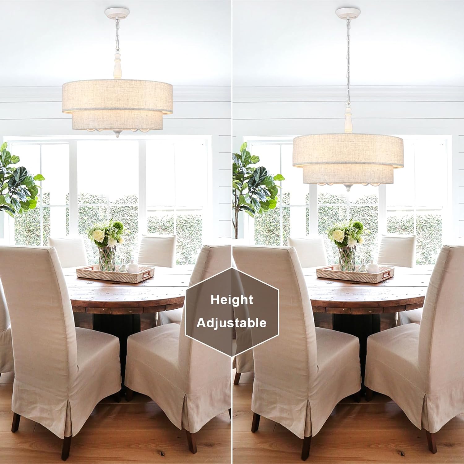 Farmhouse Chandeliers for Dining Room Modern 5 Light Distressed White Chandelier 21.25’’ Inch 2 Tiered Drum Pendant Light Fixture for Entryway Foyer Stairway Hallway Kitchen Island