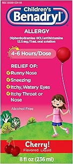 Children's Allergy Relief Liquid Medicine with Diphenhydramine HCl Antihistamine for Kids, Effective Allergy Relief, Cherry Flavor, 8 fl. oz