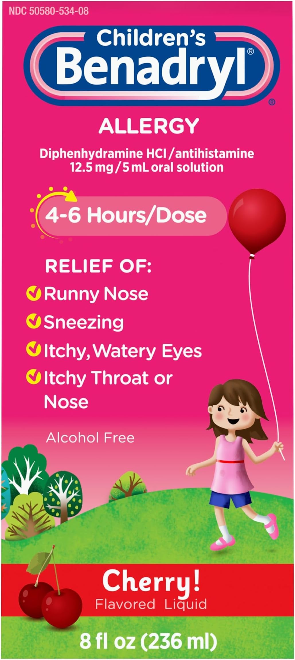 Children's Allergy Relief Liquid Medicine with Diphenhydramine HCl Antihistamine for Kids, Effective Allergy Relief, Cherry Flavor, 8 fl. oz