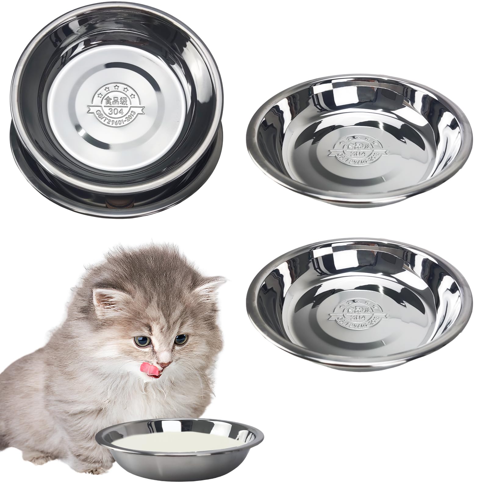 Stainless Steel Cat Bowls, Whisker Friendly Shallow Cat Food Bowls, Small Metal Pet Dish for Kittens and Indoor Cats, Basic Replacement Plates for
