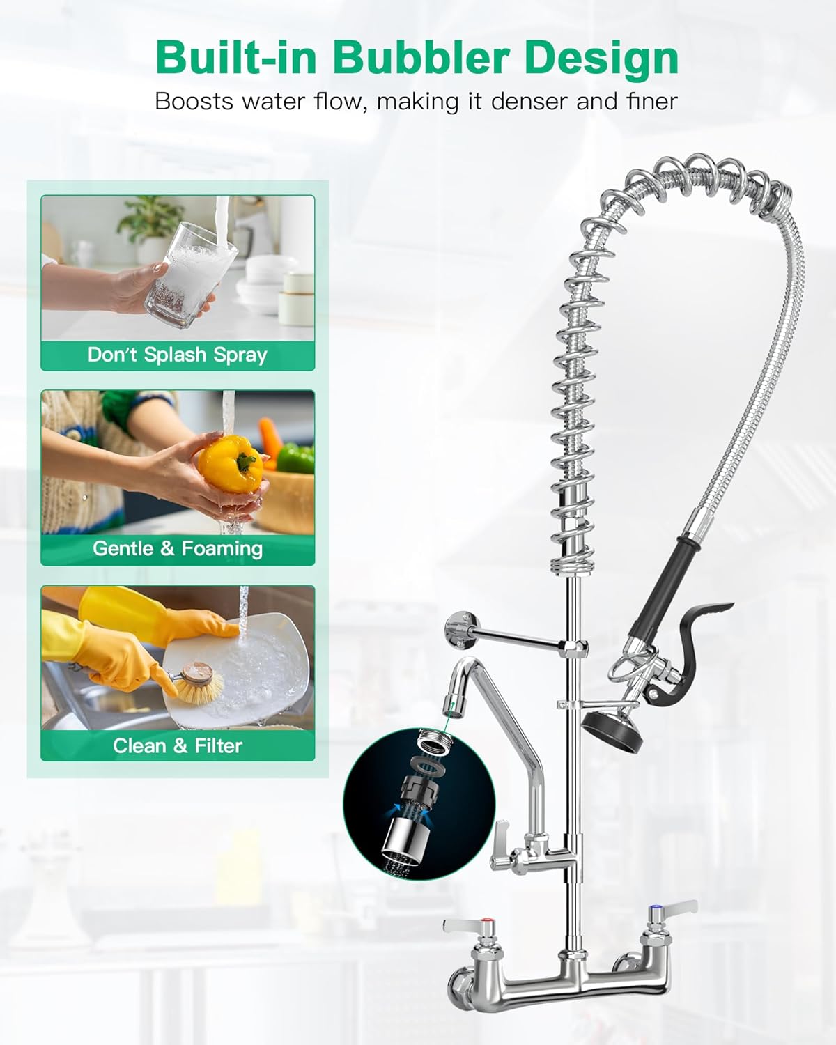 Commercial Faucet with Sprayer for Kitchen Staff: 36 Inches Commercial Faucet Pre Rinse Sprayer 8 inch Center Wall Mount Kitchen with 12 inch Add on Spout - Image 3