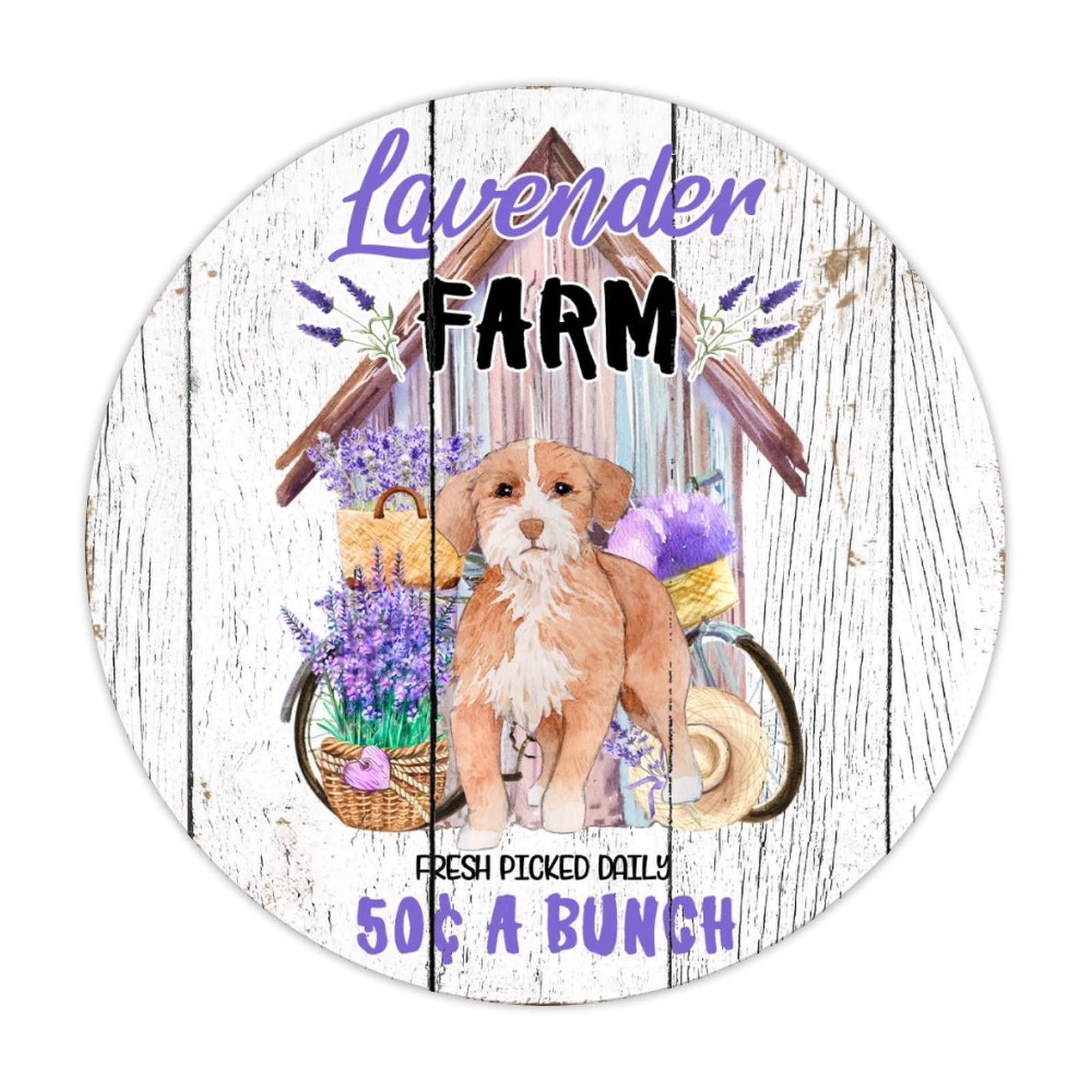 Dog Lavender Farm Sign Farmhouse Lavender Kitchen Wall Art Vintage Metal Tin Sign 12x12 inch Round Aluminum Sign for Kitchen Bars Restaurants Cafes Pubs Wall Decor