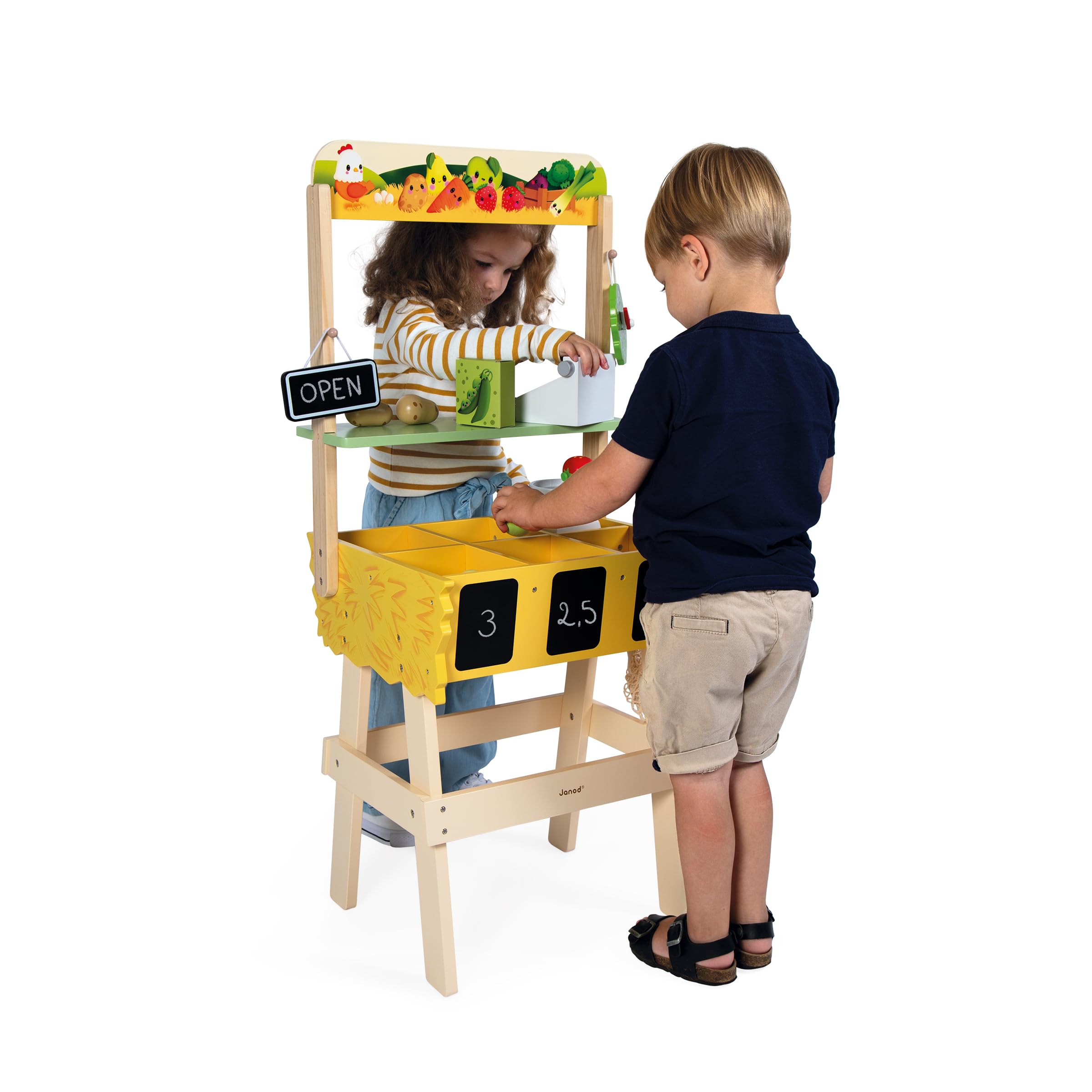 Janod - Tienda Infantil Farm Market - Juguete de Imitación Infantil - 32 Accesorios - Estimula la imaginación - Juguete de Madera FSC - Pintura al Agua - A Partir de 3 años, J03322