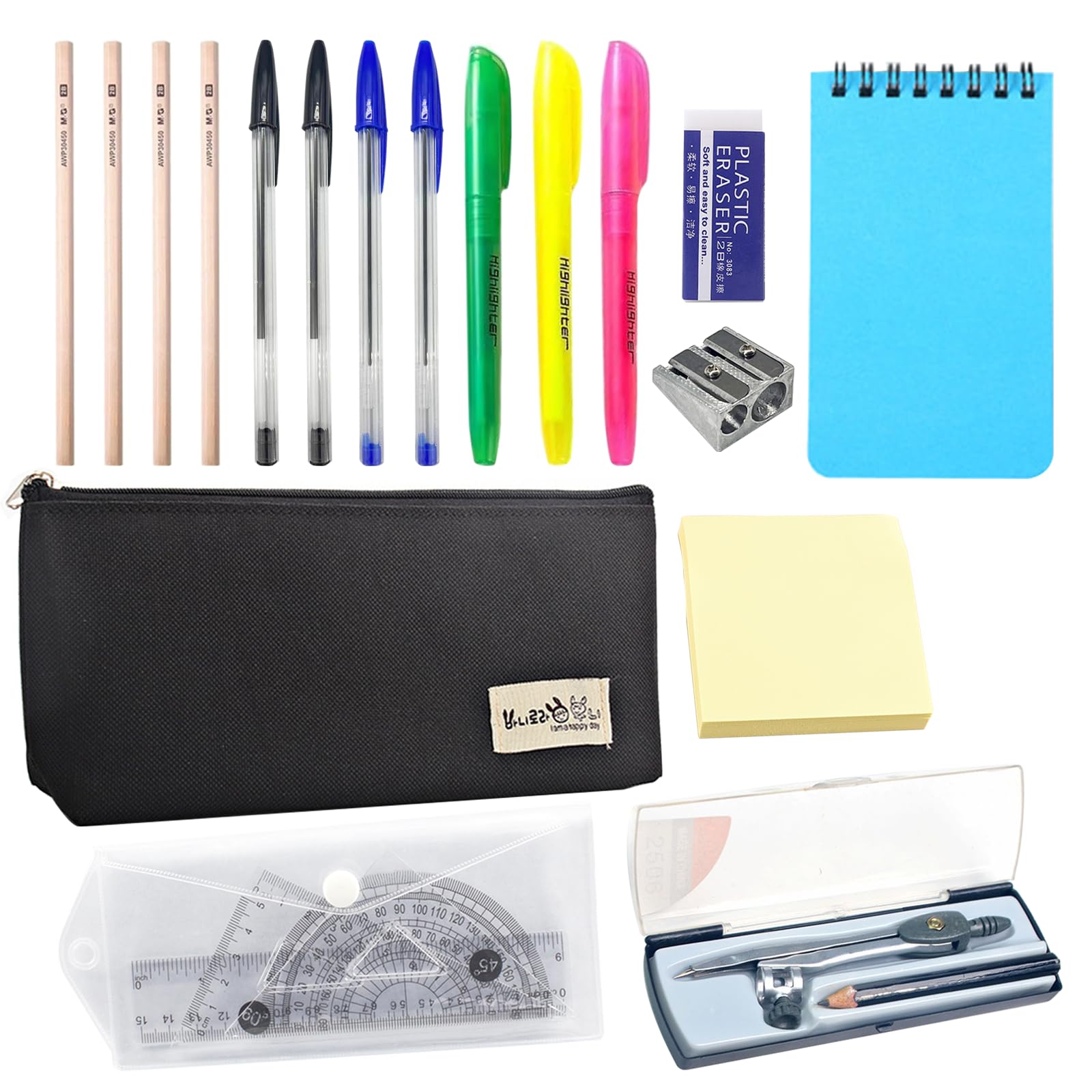 Ethlomoer Multiple Colors 18Pcs Pencil Case Set With Stationery Included – School Stationery Set, Maths & Geometry Sets For Secondary School – Cloth Pen Case