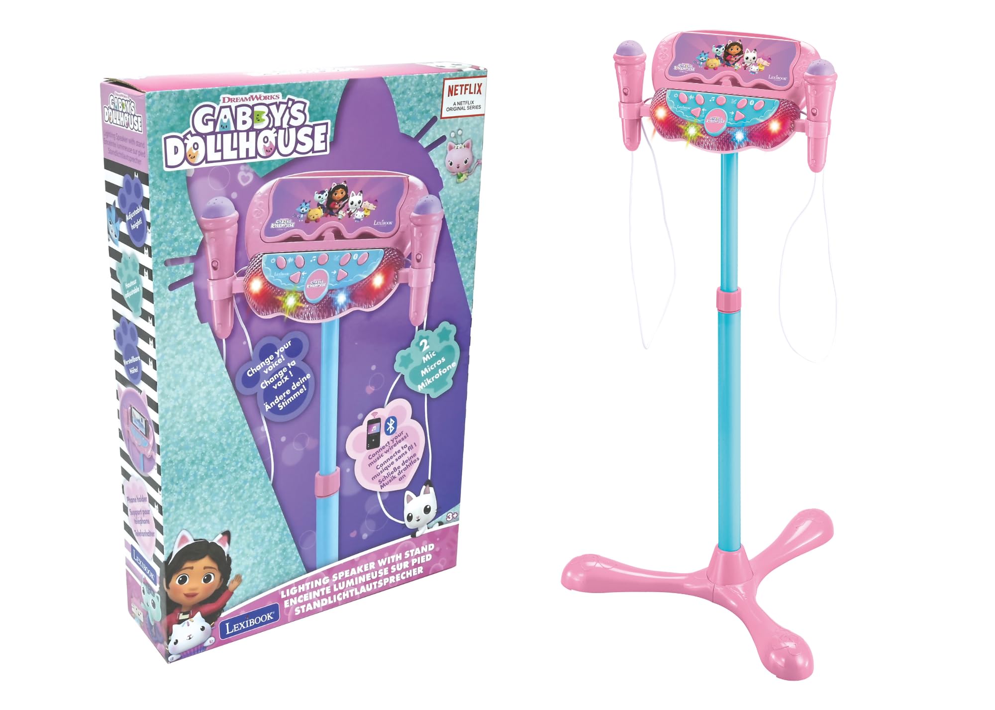 Sponsored Ad – LEXIBOOK, Gabby’s Dollhouse, Luminous Bluetooth speaker on stand for children, musical game, adjustable height, light effects, 2 microphones included, S160GDH