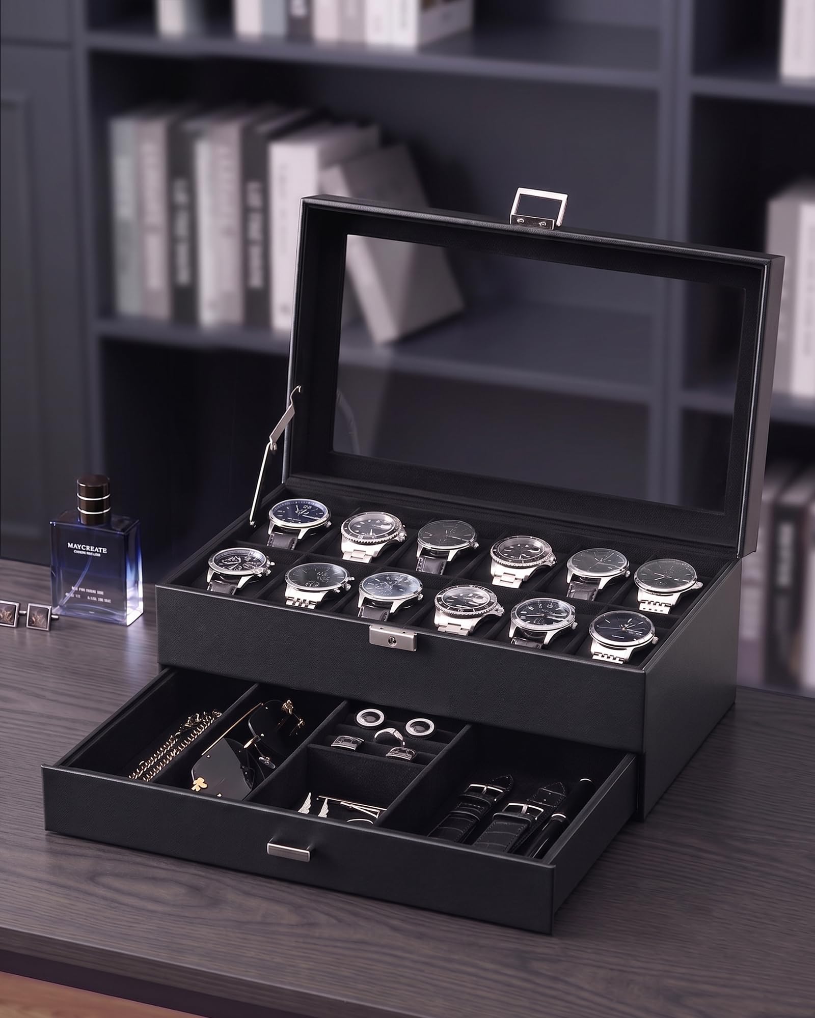 ProCase Scatola per orologi con 12 scomparti, coperchio in vetro, 2 livelli | con Cuscino Rimovibile, per Gioielli, Anelli, Bracciali e Collane -