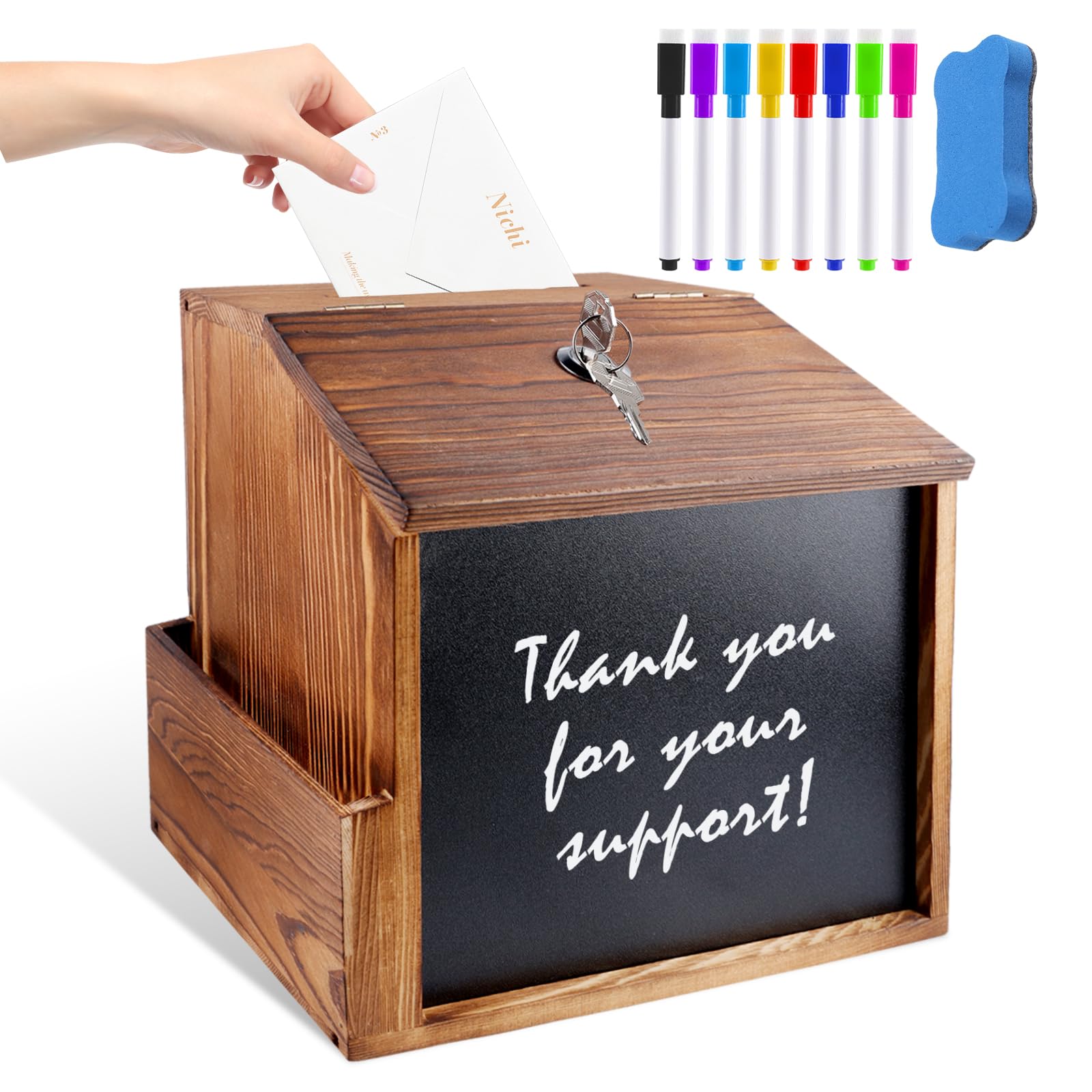 Caja de madera para sugerencias, caja de donaciones con cerradura con lápiz de pizarra de 8 colores y borrador no magnético, caja de dudas para escuela, oficina, hospital, propuesta, donación, boleta