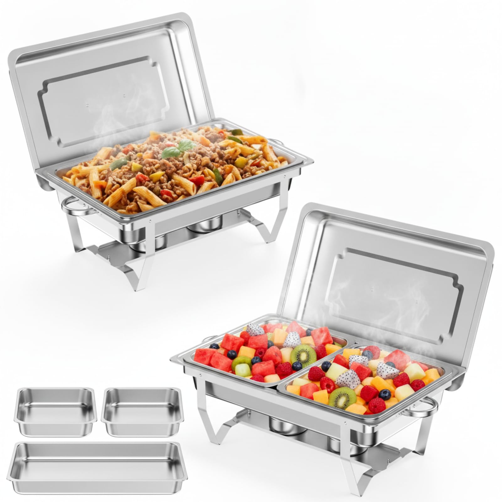 Chafing Dish 2er Set – Warmhaltebehälter Essen aus Edelstahl, Speisenwärmer mit 4X 1/2 GN + 2X 1/1 GN Behältern, Buffetwärmer für Party, Catering & Buffet – inkl. Brenner & Gestell