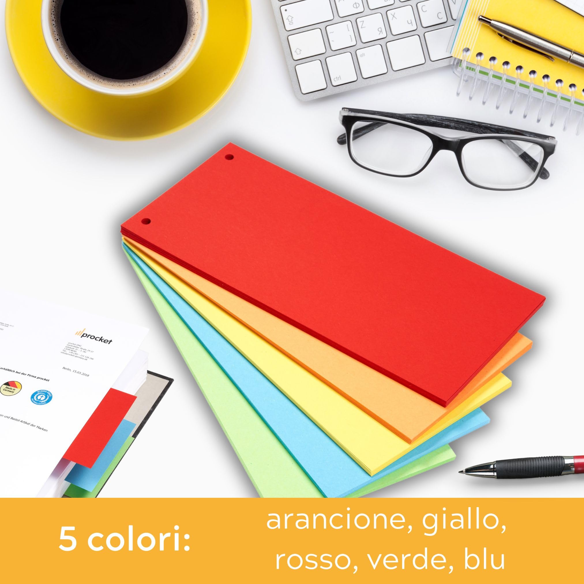 Perfect Line 200 Strisce Divisori per Raccoglitori ad Anelli A4, Forati, 5 Colori, Made in Germany