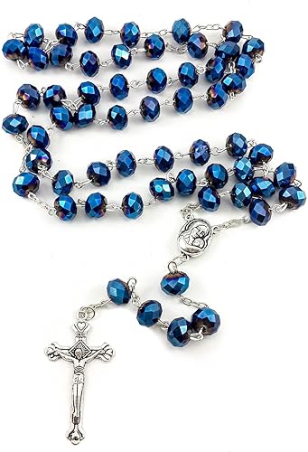 Miniatura 5 de Nazareth Store Rosario de cuentas de cristal azul profundo collar católico medalla de tierra sagrada crucifijo bolsa de terciopelo