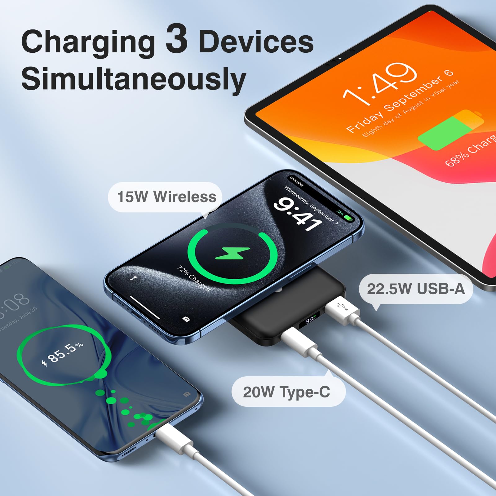 AOGUERBE PowerBank per Magsafe, 10000mAh Power Bank Magnetico Caricatore Wireless Portatile 22.5W PD Ricarica Rapida con Display LED, Batteria Esterna per iPhone 17/16/15/14/13/12/Mini/Pro/Pro Max