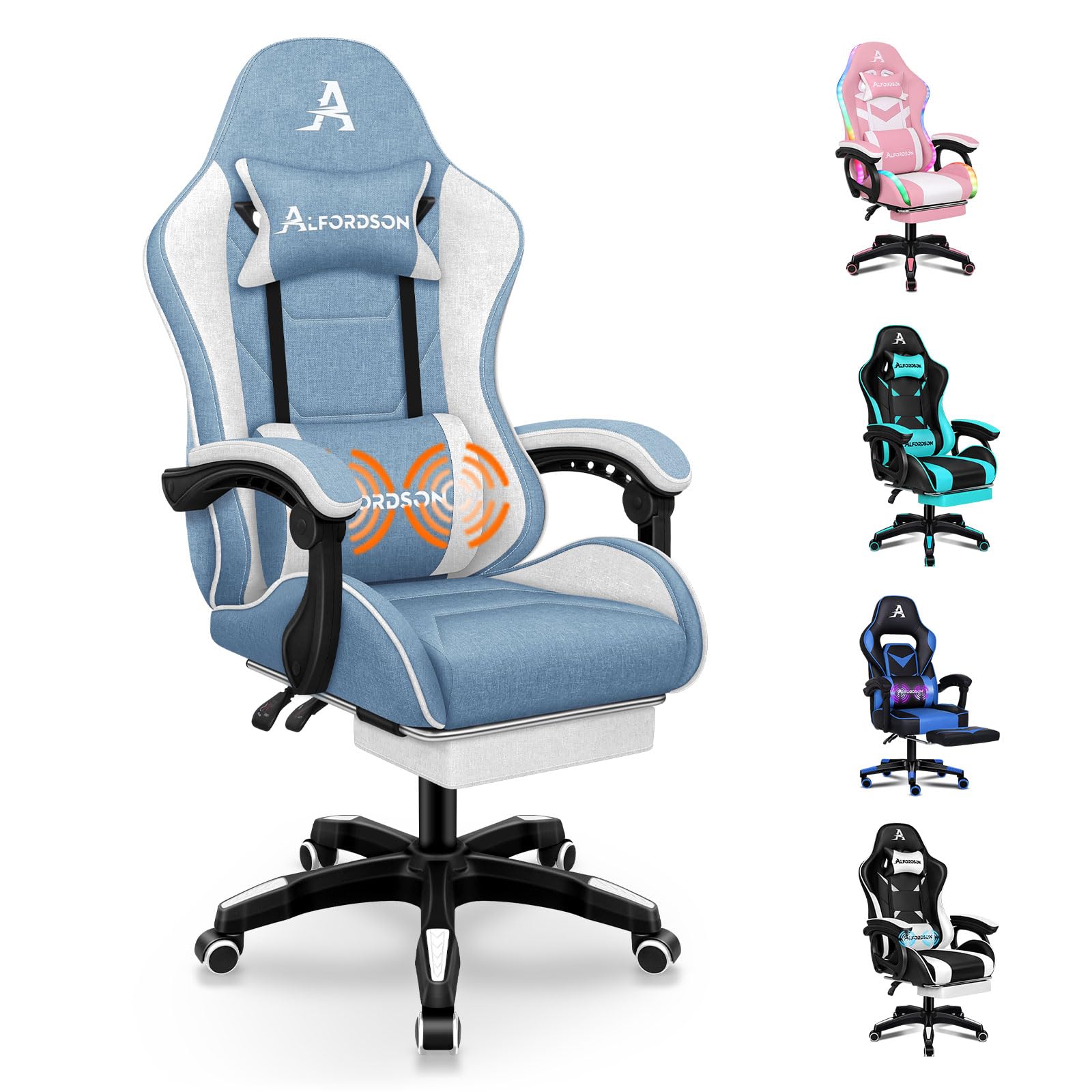 ALFORDSON Silla Gaming Ergonómica con Masaje, Silla Gamer de Oficina con Lumbar Massaggiante, Reposapiés Retráctil,Altura Ajustable,Reclinable 150°,Asiento Cómodo,Soporta 180 kg, Lino(Azul y Blanca)