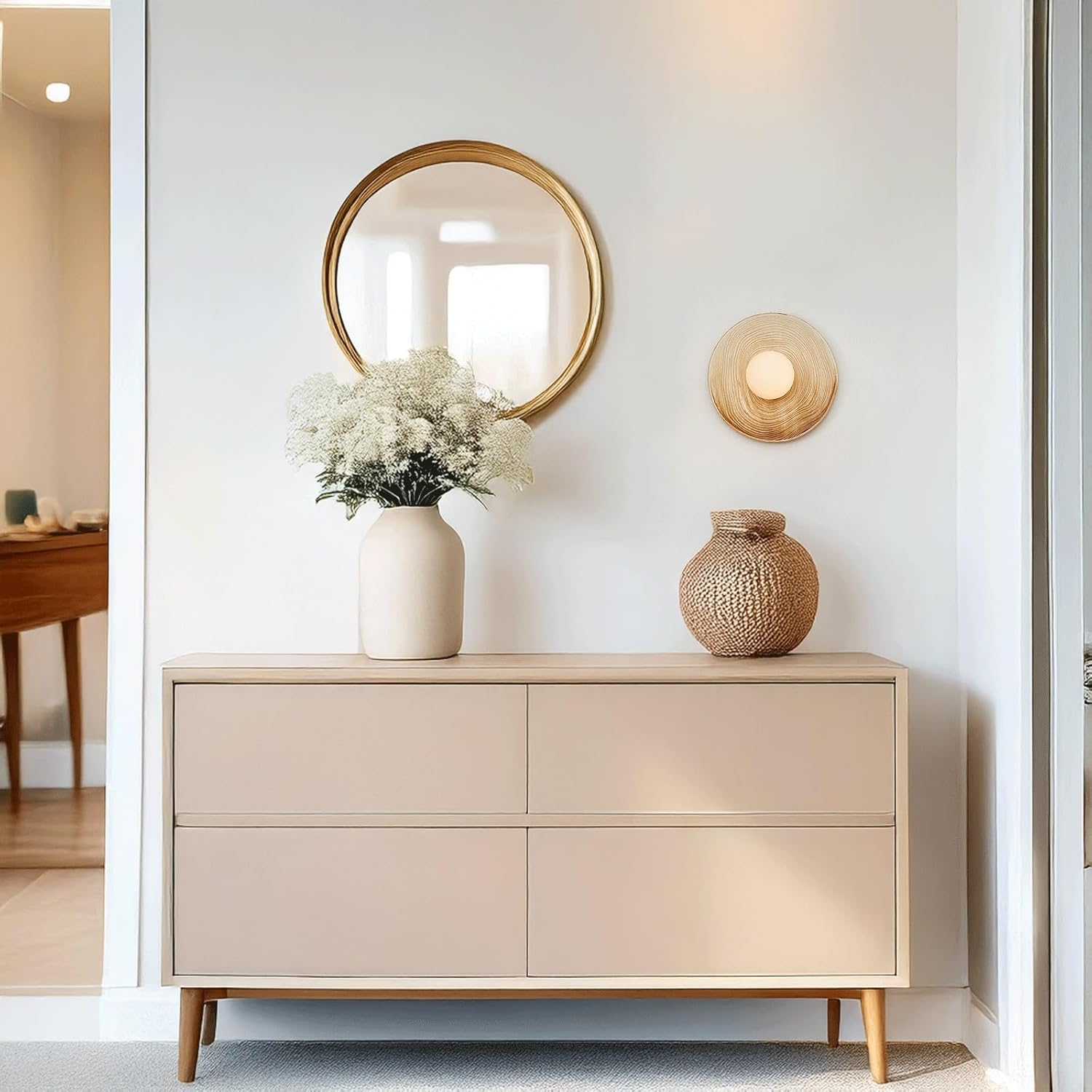 Wall Sconce Modern Artistic Ceramic Shade Wood Base Wall Light Ringed Textured Hardwired Indoor Wall Lamp Decorative Ambient Lighting Fixture for Bedroom Lounge Hallway Wall Mounted Light