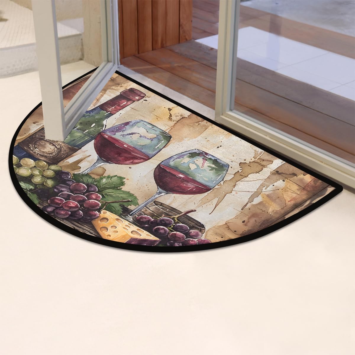 Half Round Door Mat Retro Grape Wine Half Moon Rug Washable Half Circle Area Rugs Indoor Entrance Non Slip Semi Circle Bathroom Rugs Floor Carpet for Kithen Bedroom Fireplace Decor
