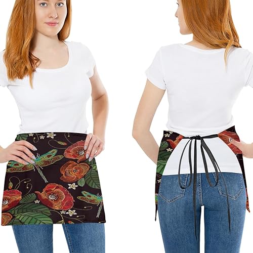 Miniatura 2 de KOBLEN Lotus Dragonfly - Paquete de 3 delantales de servidor con 3 bolsillos, impermeables, delantales de media cintura para mujer, para cocinar,