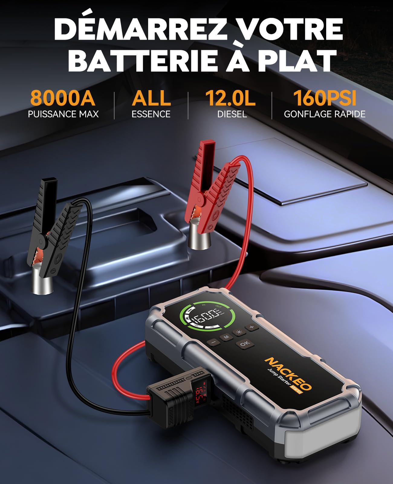 8000A Booster Batterie Voiture avec Gonfleur 160PSI, 12V Demarreur Batterie Voiture (Essence et Diesel Jusqu’à 12 L), 20000 mAh avec câbles de démarrage, Lampe LED 600 lumens et écran LCD