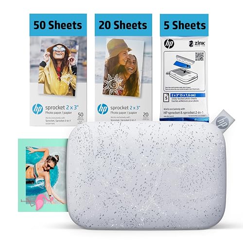 HP Sprocket 2x3 Instant Smartphone Photo Printer 75 Sheets Bundle - Bluetooth Portable Color Wireless Mobile Printer (Luna Pearl) Zink Sticky-Back Photos