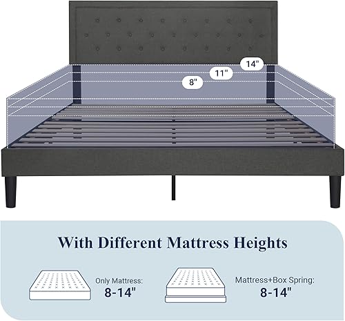 Miniatura 52 de Allewie - Base de cama copetuda, tamaño Matrimonial, con plataforma, tapizado de tela, con botones y cabecera ajustable, soporte con rejilla de Gris
