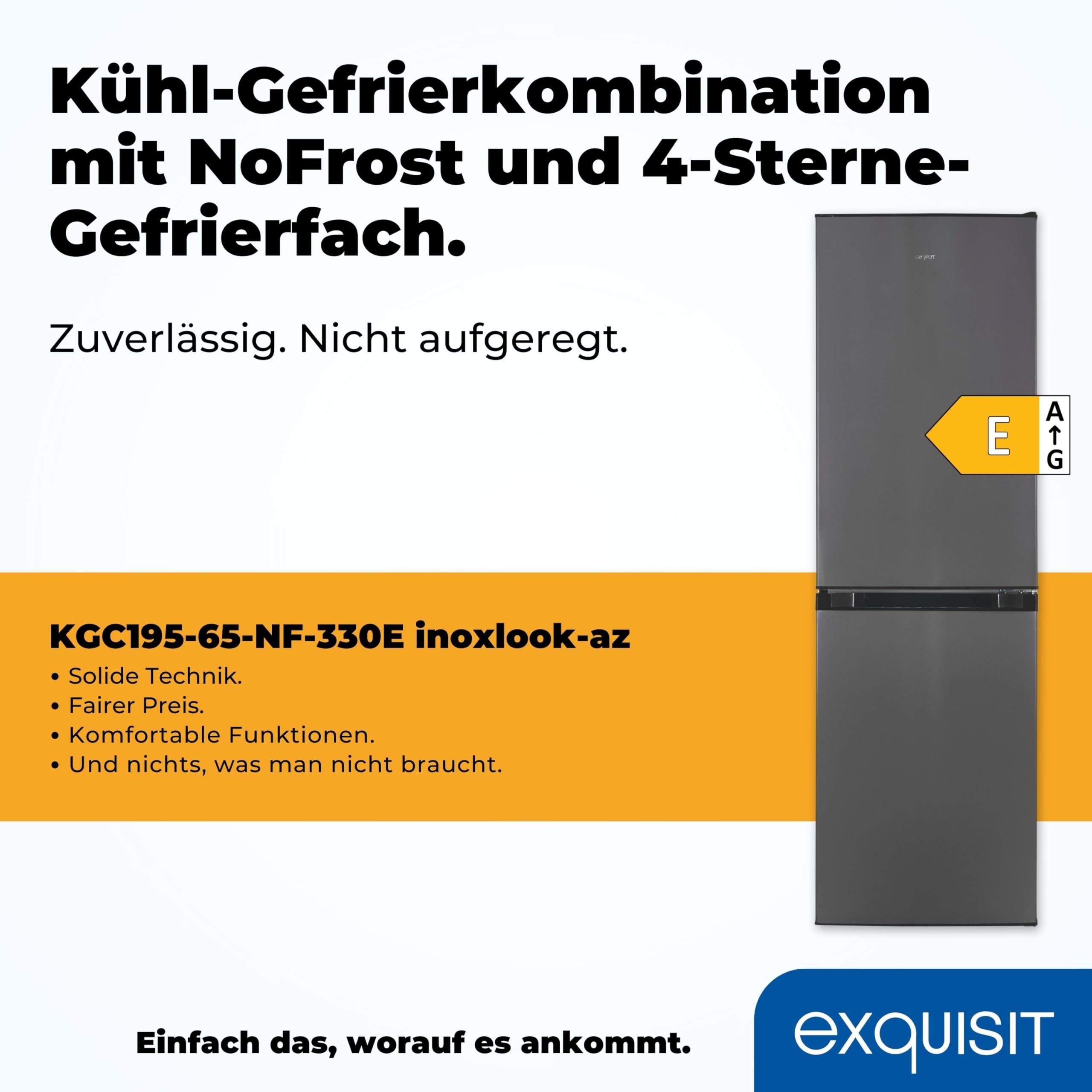 Exquisit Kühl-Gefrierkombination No Frost, 193 L, Energieklasse E | Freistehend, 54 cm breit, Inoxlook, 4-Sterne-Gefrierfach, LED-Licht, 41 dB(A), höhenverstellbare Füße