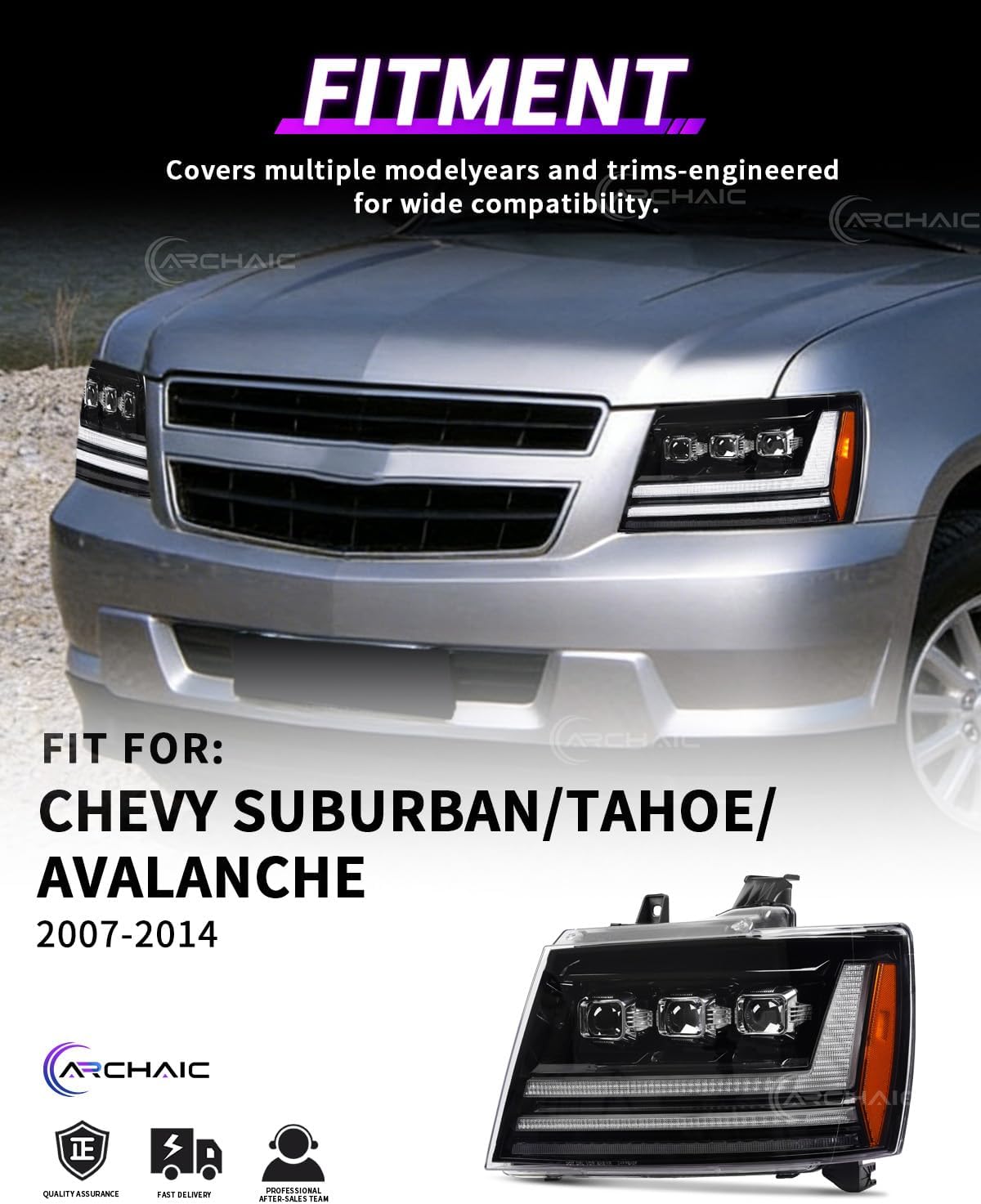 Archaic Headlights Compatible for 2007-2014 Chevy Tahoe/Suburban / 2007-2013 Avalanche,Front Lights w Sequential turn signal & Startup Animation DRL, Pair