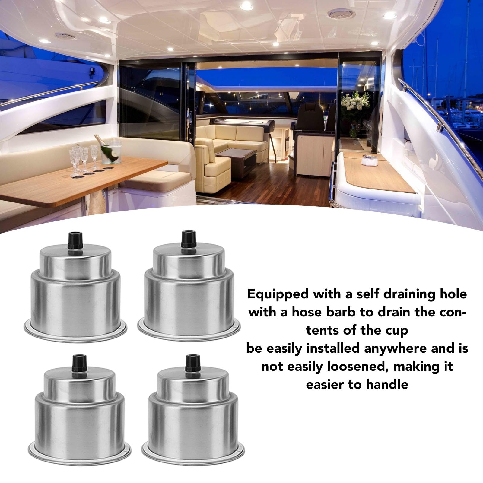 4 Edelstahl Becherhalter mit Ablauföffnung Universell für Boot Auto Wohnmobil Robuste Halterung aus 304er Edelstahl und Gummi Geräuschreduzierende Cup Holder Inserts