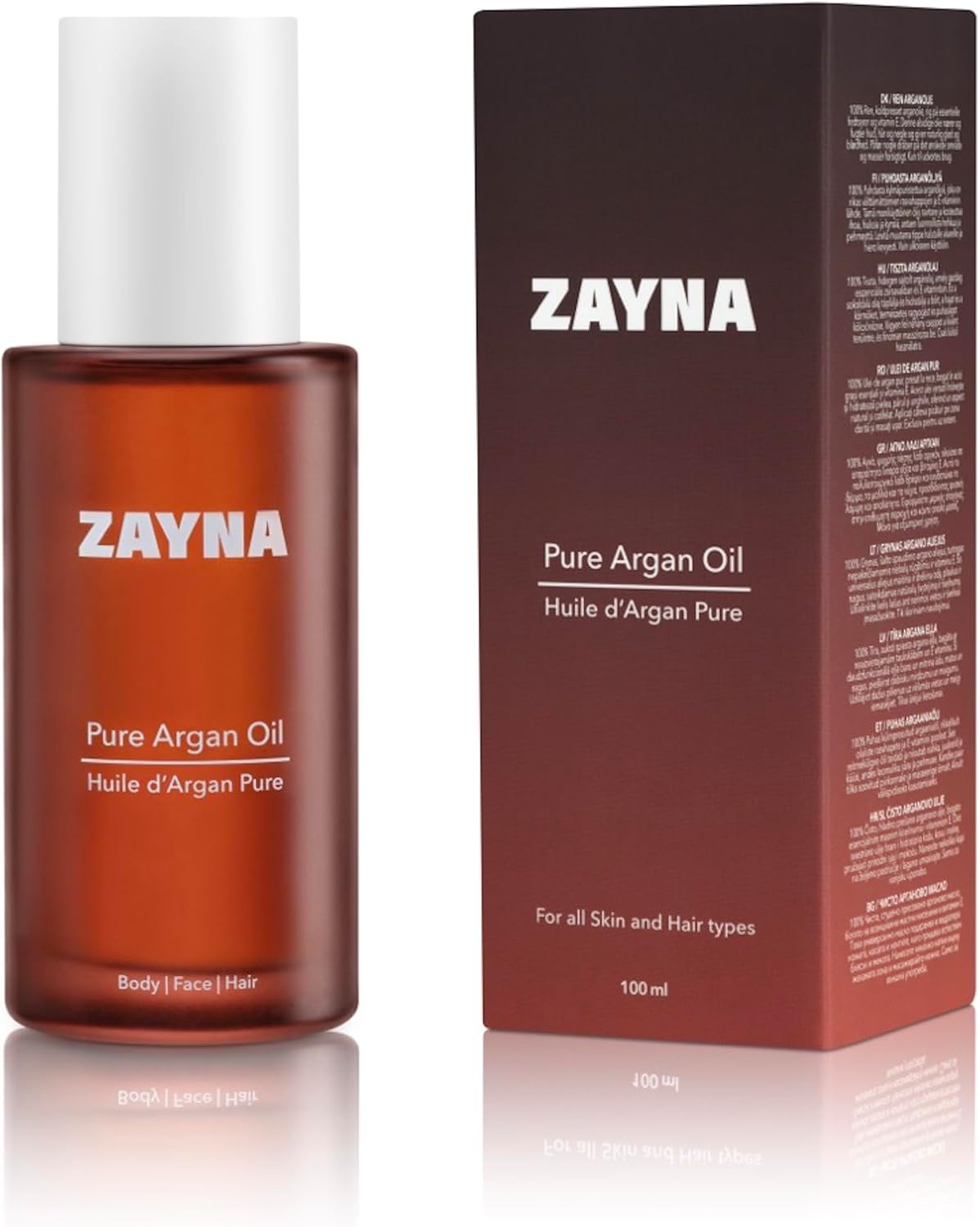 ZAYNA Olio di Argan Puro Bio 100 ml | Capelli, Viso e Corpo | 100% Spremuto a Freddo dal Marocco | Dermatologicamente testato | Ricco di Vitamina E | Imbottigliato in Svizzera