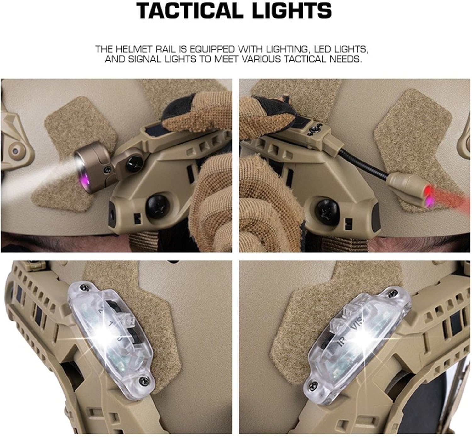 ARC Helmet Rail System Kit for High Cut Tactical Helmets, 5-Position Guide Rail with Battery Box, Signal Lights and IR/White Rail Light for Airsoft Training