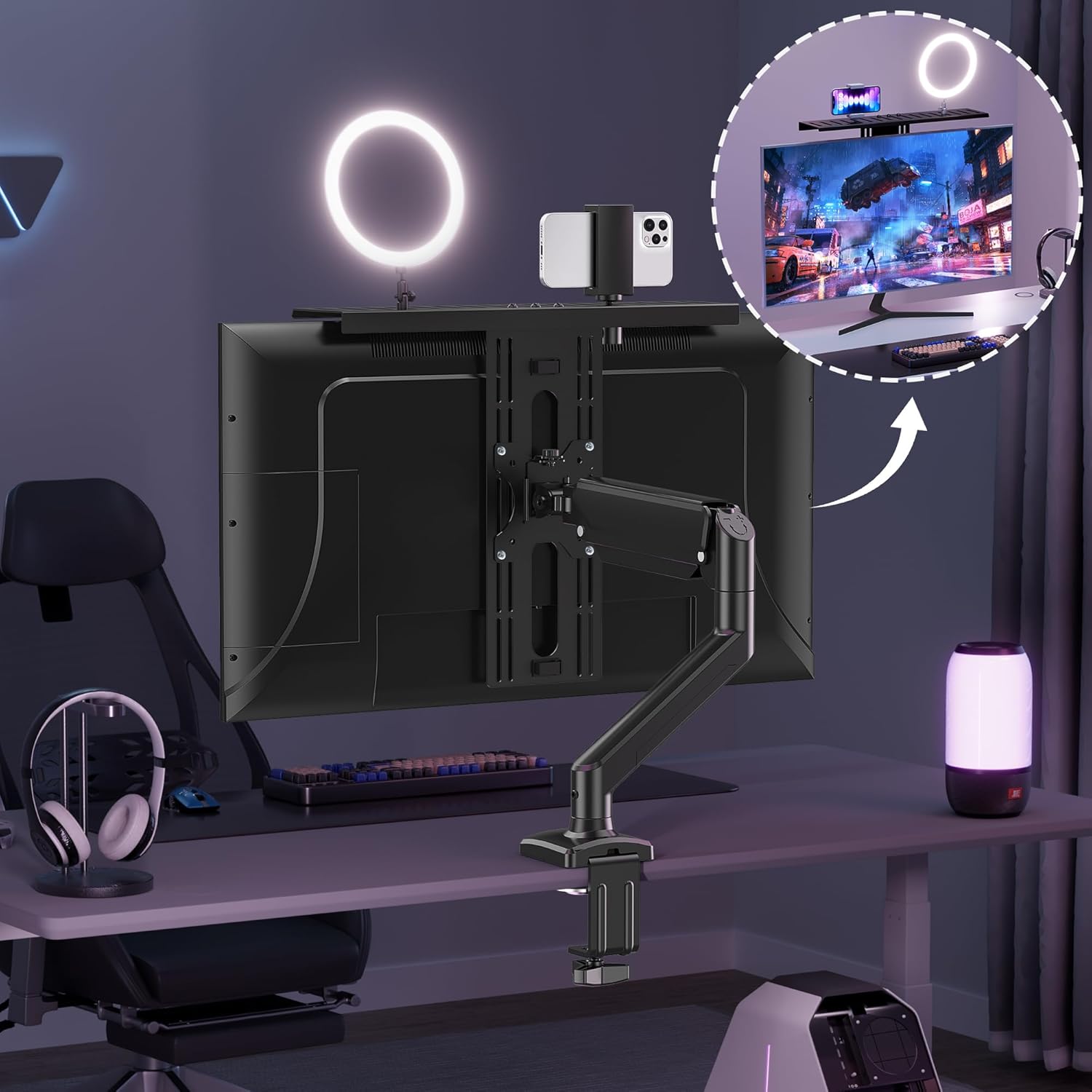 DSLR Monitor Mount Hold up to 11 lbs, Monitor Top Shelf for Livestream Device, Camera Mount, Webcams, Microphones, Lighting and More, Fits VESA Mount 75/100mm, Height Adjustable