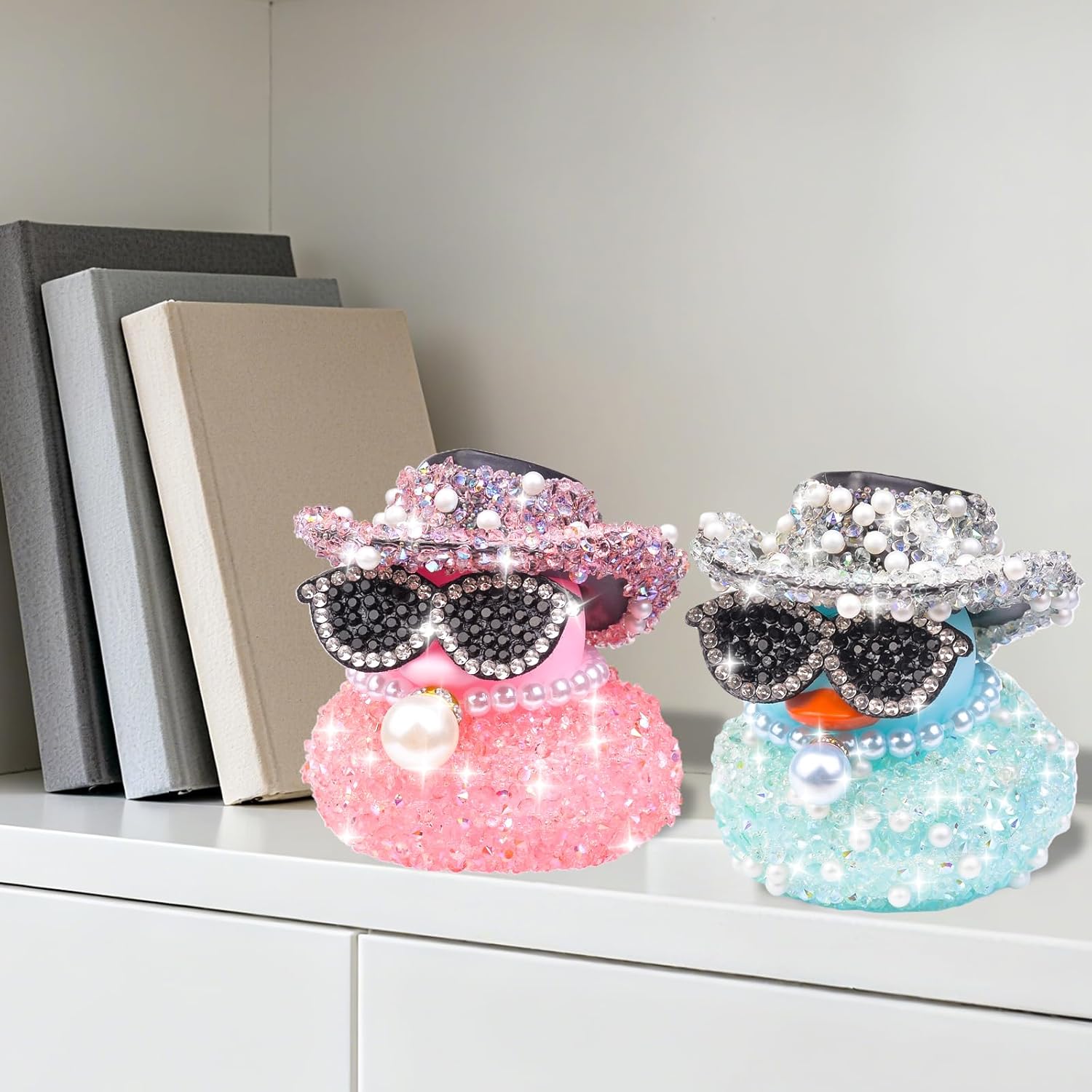 Rhinestones Rubber Duck Car Ornaments, 2Pcs Funny Diamond Ducks Car Dashboard Decorations Duck Accessories with Mini Shiny Cowboy Hat Necklace and Sunglasses