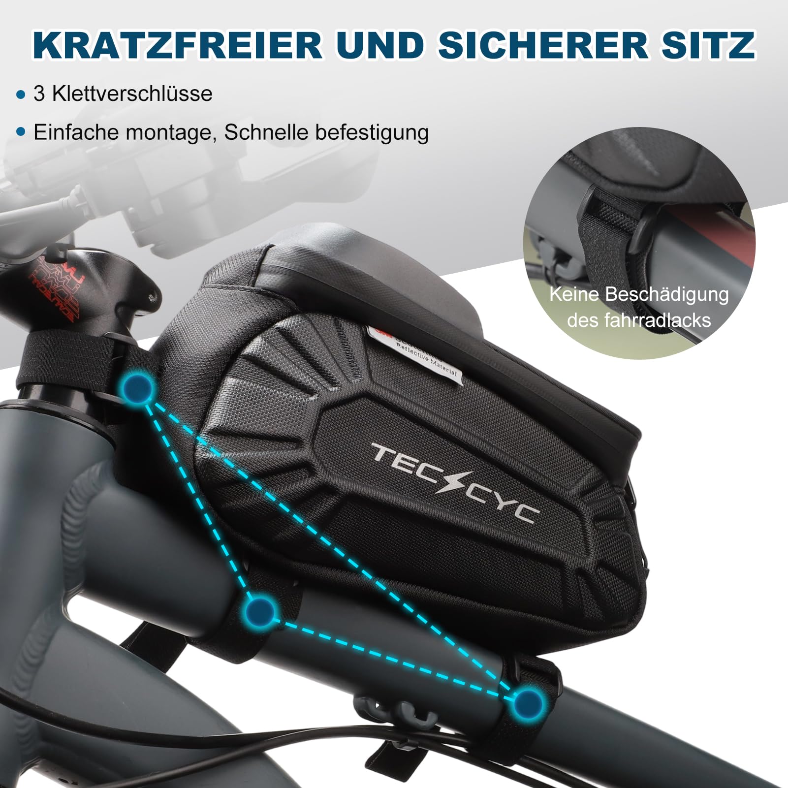 TECHCYC Rahmentasche Fahrrad wasserdicht TPU Touchscreen - Fahrradtasche Rahmen bis 7 Zoll Handy, Reflektierende Oberrohrtasche für MTB, Rennrad, E-Bike & Gravelbike, Bikepacking Zubehör