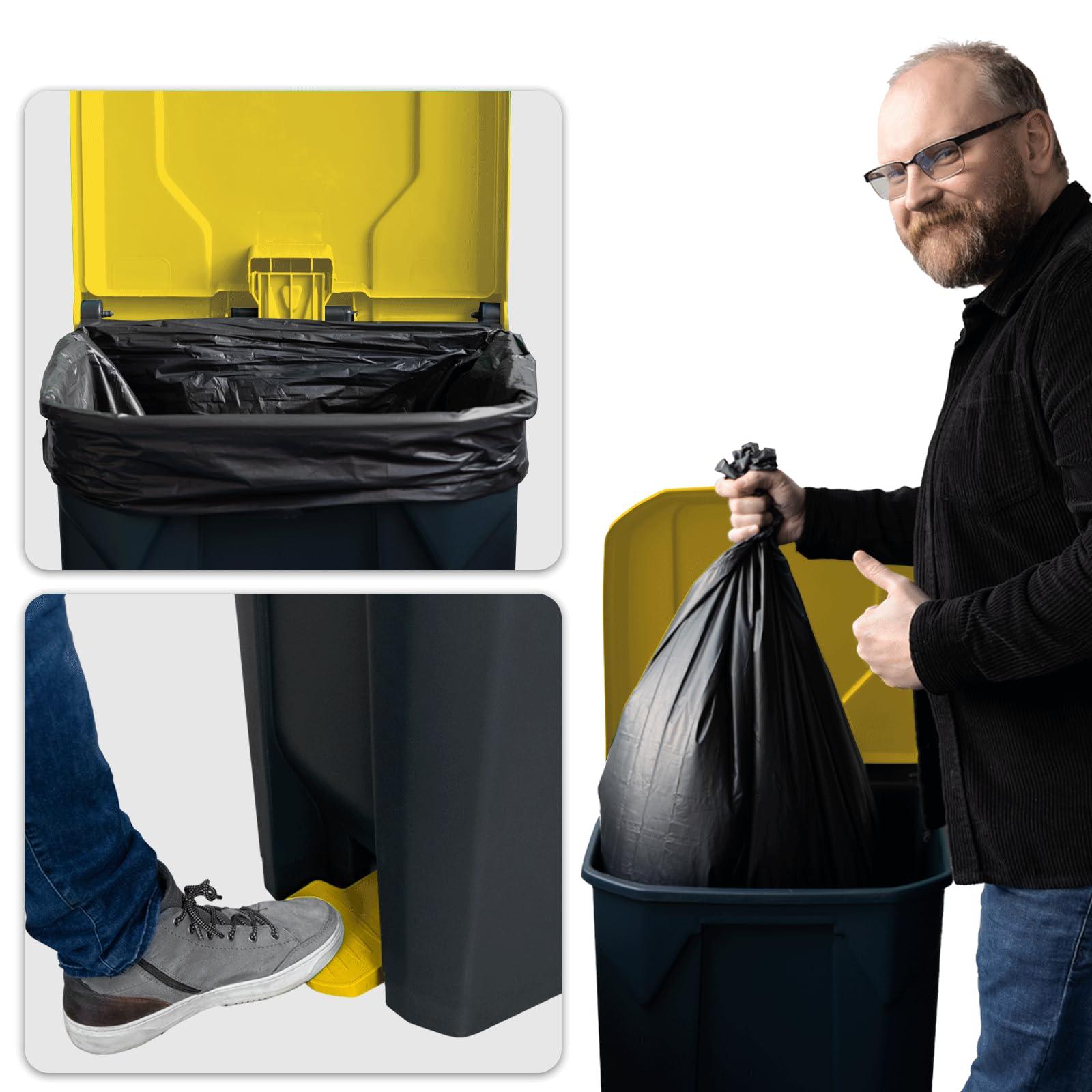 Floordirekt Olaf kosz na śmieci, 100 l, żółta pokrywka, do kuchni i biura, system segregacji odpadów, z mechanizmem Step-On, kosz na śmieci