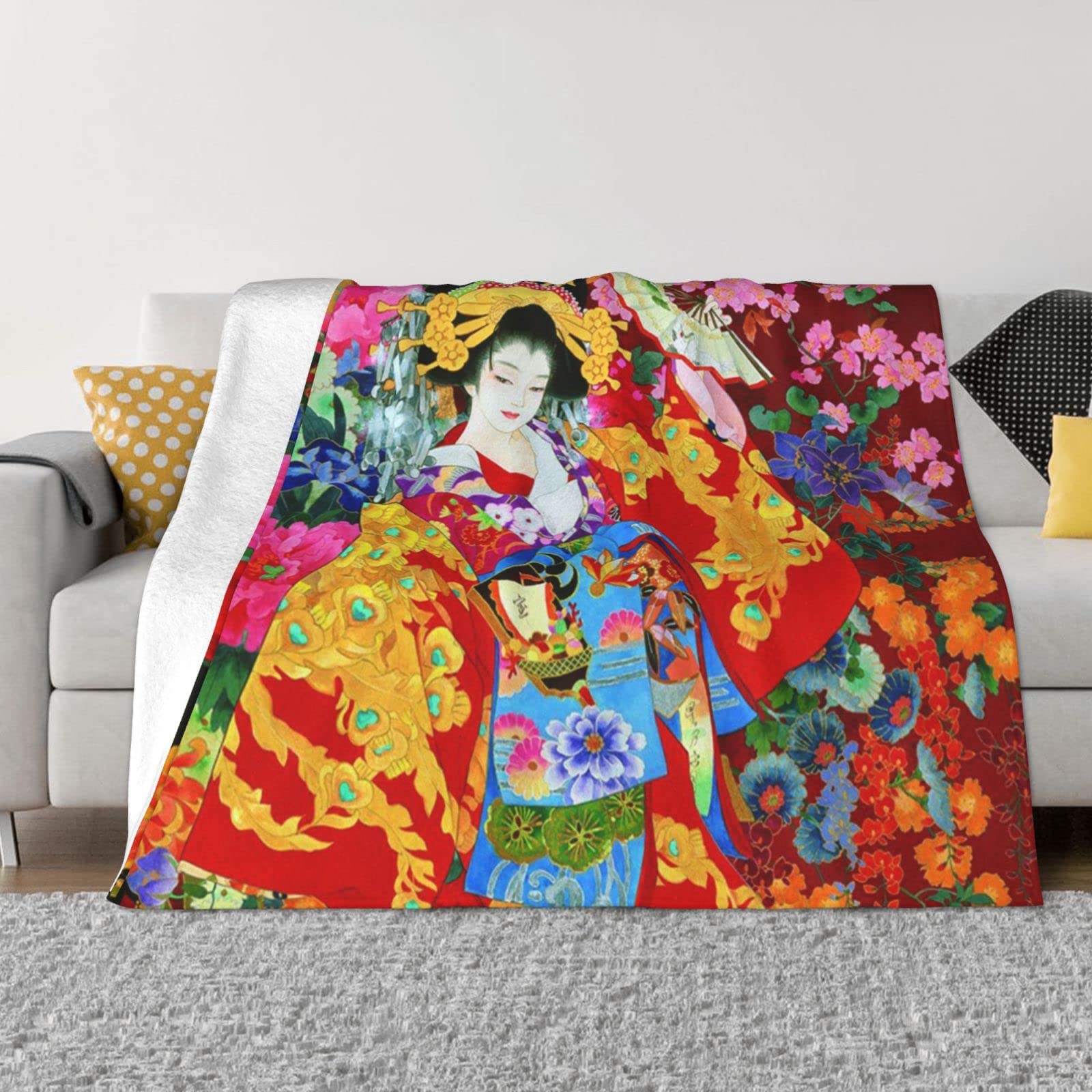 Retro Japanese Geisha Girl Fleece Throw Blanket For Couch - Thick Fuzzy Warm Soft Blankets And Throws For Sofa, Bedroom Blanket